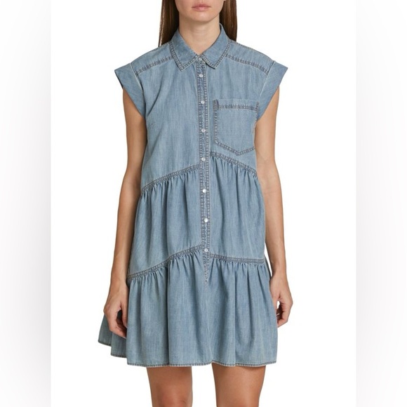 Veronica Beard Harrow Tiered Chambray Mini Dress, size 12 - Picture 1 of 8